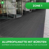 Tapis d'entrée ALUFLOW - insert brosse pour usage extérieur - 3 épaisseurs - Zone 1