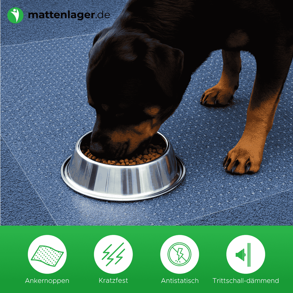 Hund isst von einem Fressnapf auf der Bodenschutzmatte FLEXY. Angezeigt werden die Vorteile der Bodenschutzmatte Flexy. Ankernoppen, Kratzfest, Antistatisch und Trittschall-dämmend
