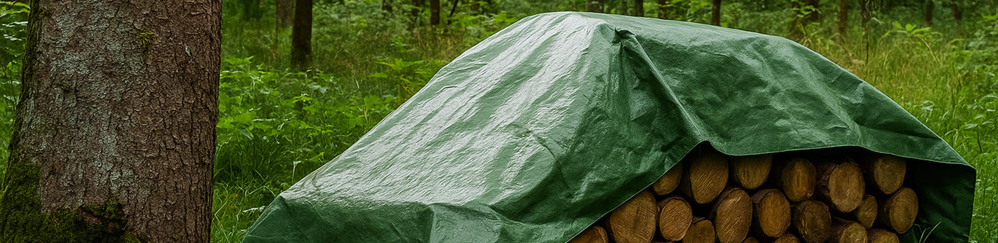 Gestapeltes Brennholz im Wald, abgedeckt mit einer grünen Plane zum Schutz vor Regen und Feuchtigkeit