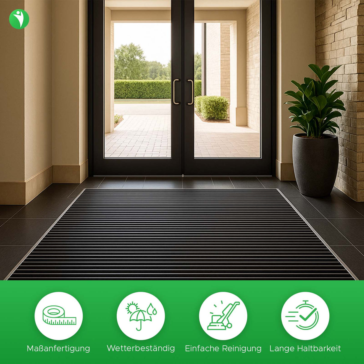 Eingangsmatte ALUPRO mit Gummi-Einsatz Querschnitt Mattenlager in Anwendung. Eingangsbereich eines Gebäudes