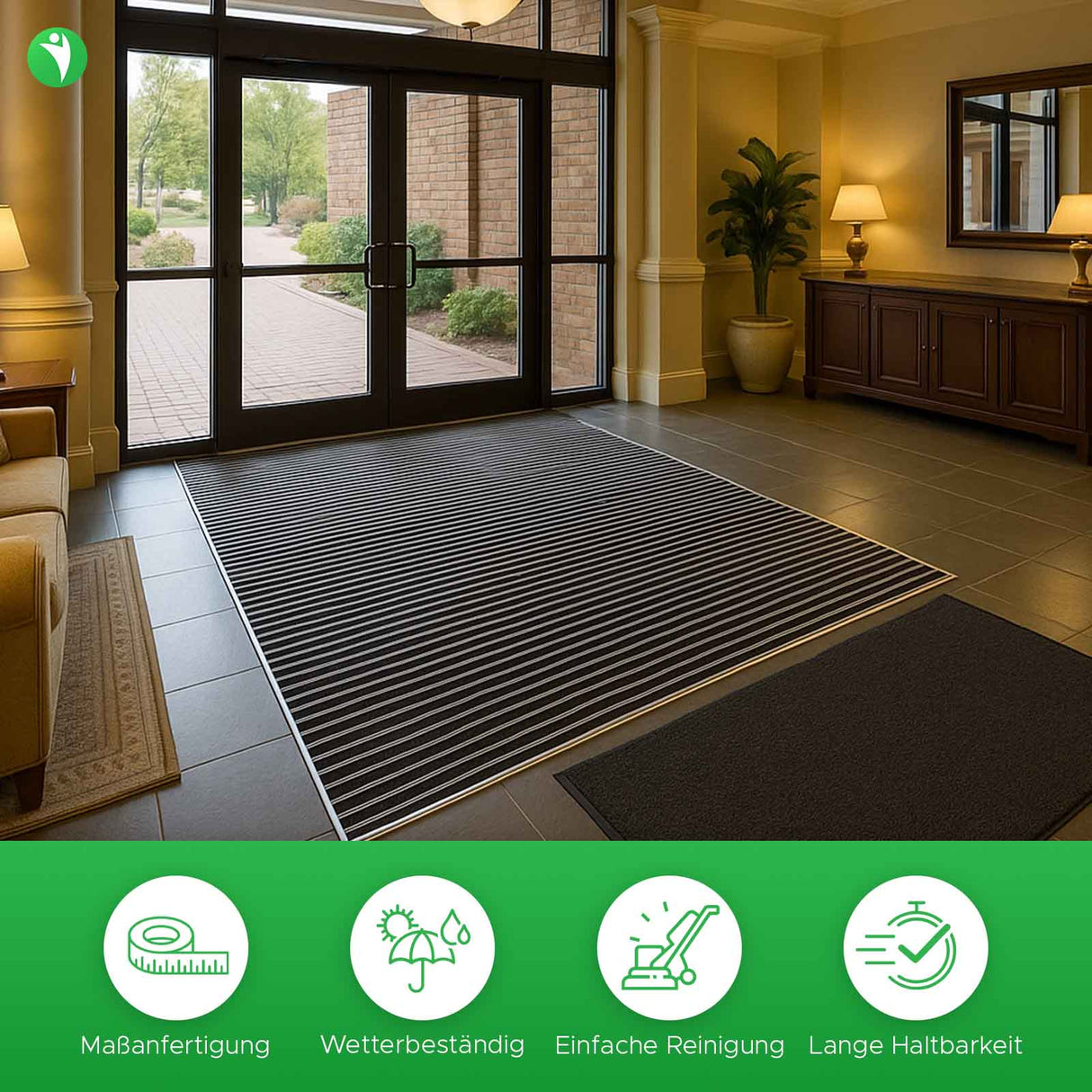 Alupro Teppich in Anwendung. Aluprofilmatte als Teppich verlegt im Eingangsbereich eines Hotels 