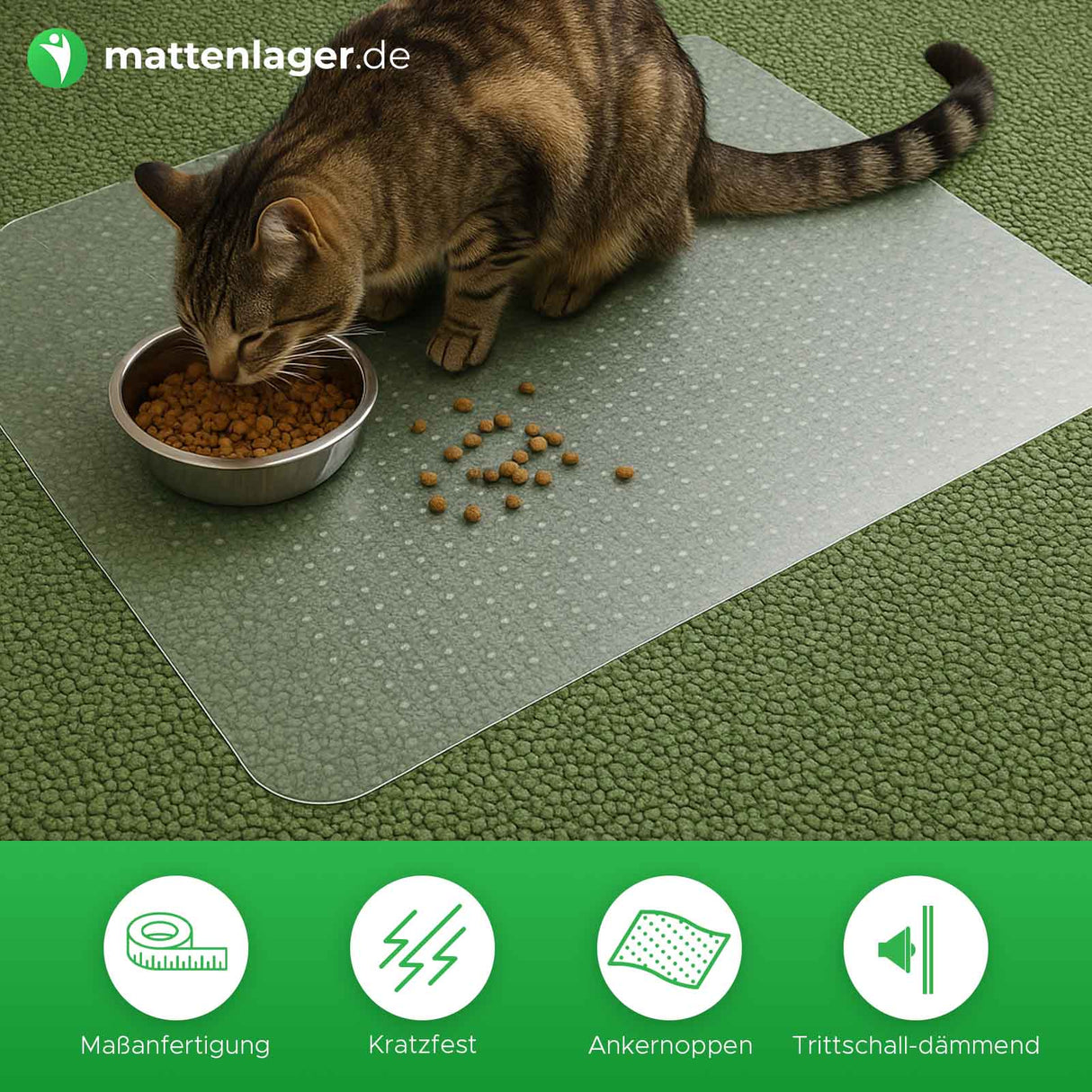 Bodenschutzmatte Dura Mat auf grünem Teppichboden mit einer Katze am Futtern 