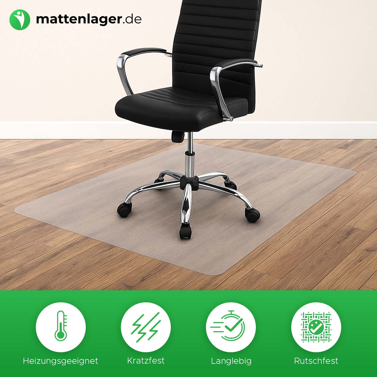 Bodenschutzmatte Flexy in Anwendung auf dunklem Laminat mit Bürostuhl auf der Bodenschutzmatte 