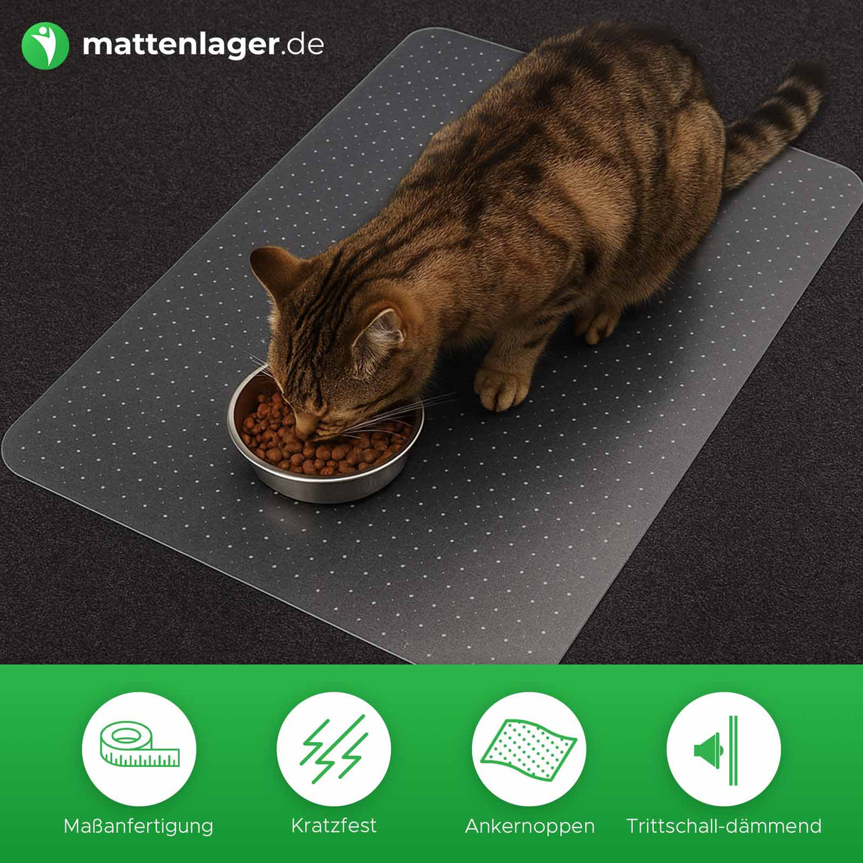 Bodenschutzmatte Glory auf Anthrazit Teppichboden mit einer Hauskatze am essen