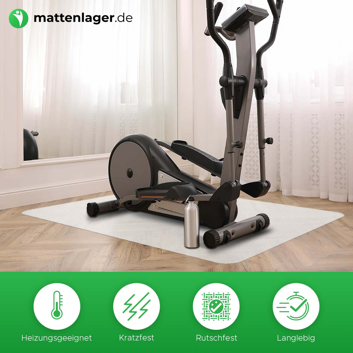 Bodenschutzmatte Milky in Anwendung mit Hometrainer auf hellem Laminat 