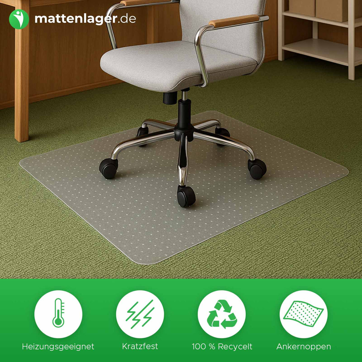 Bodenschutzmatte Eco-Mat auf grünem Teppichboden mit Stuhl auf der Matte