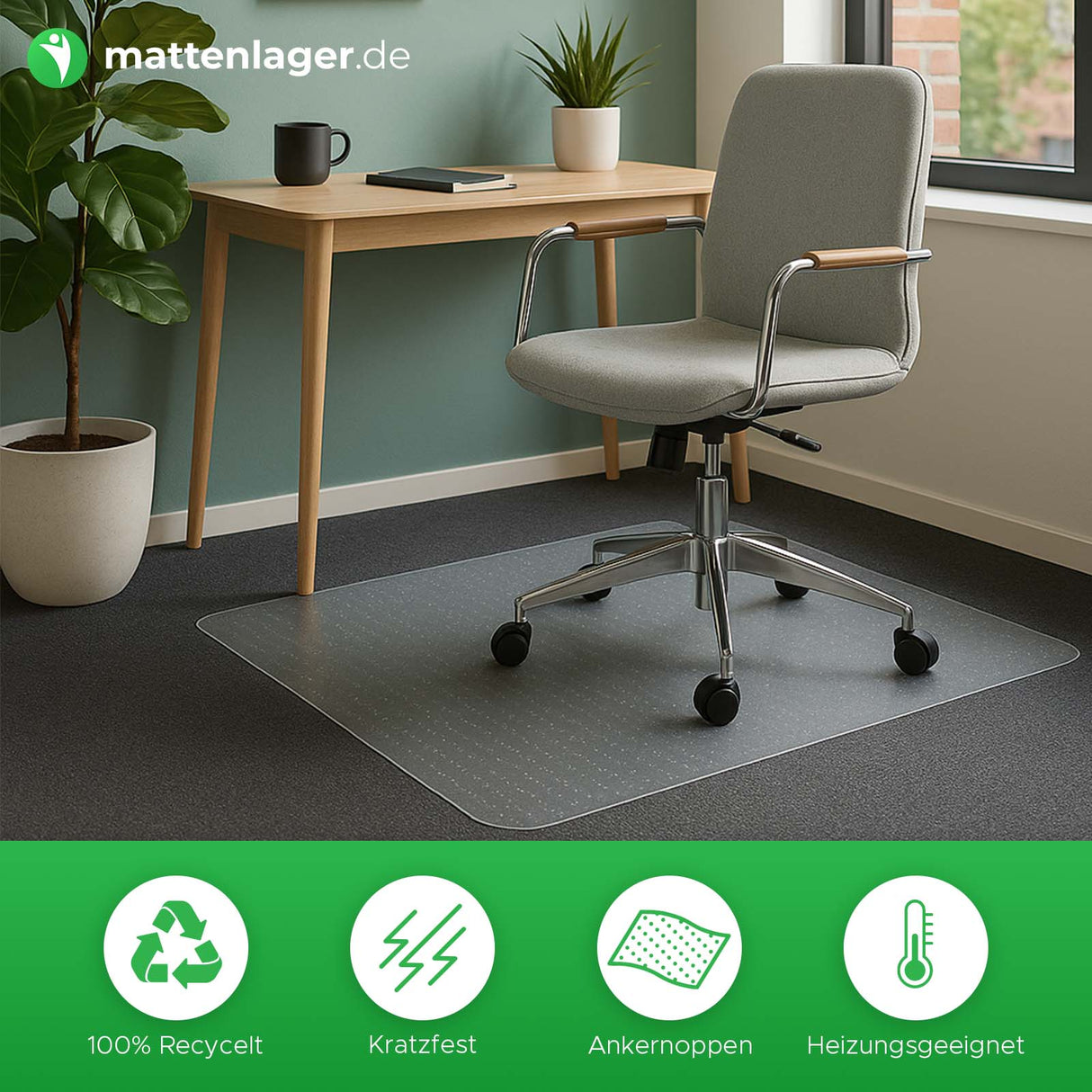 Bodenschutzmatte Eco-Mat Premium auf grauem Teppichboden im HomeOffice mit Bürostuhl