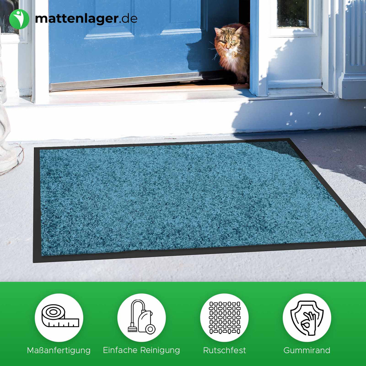 Schnmutzfangmatte Bright Blau in Anwendung vor Blauer Tür mit Katze