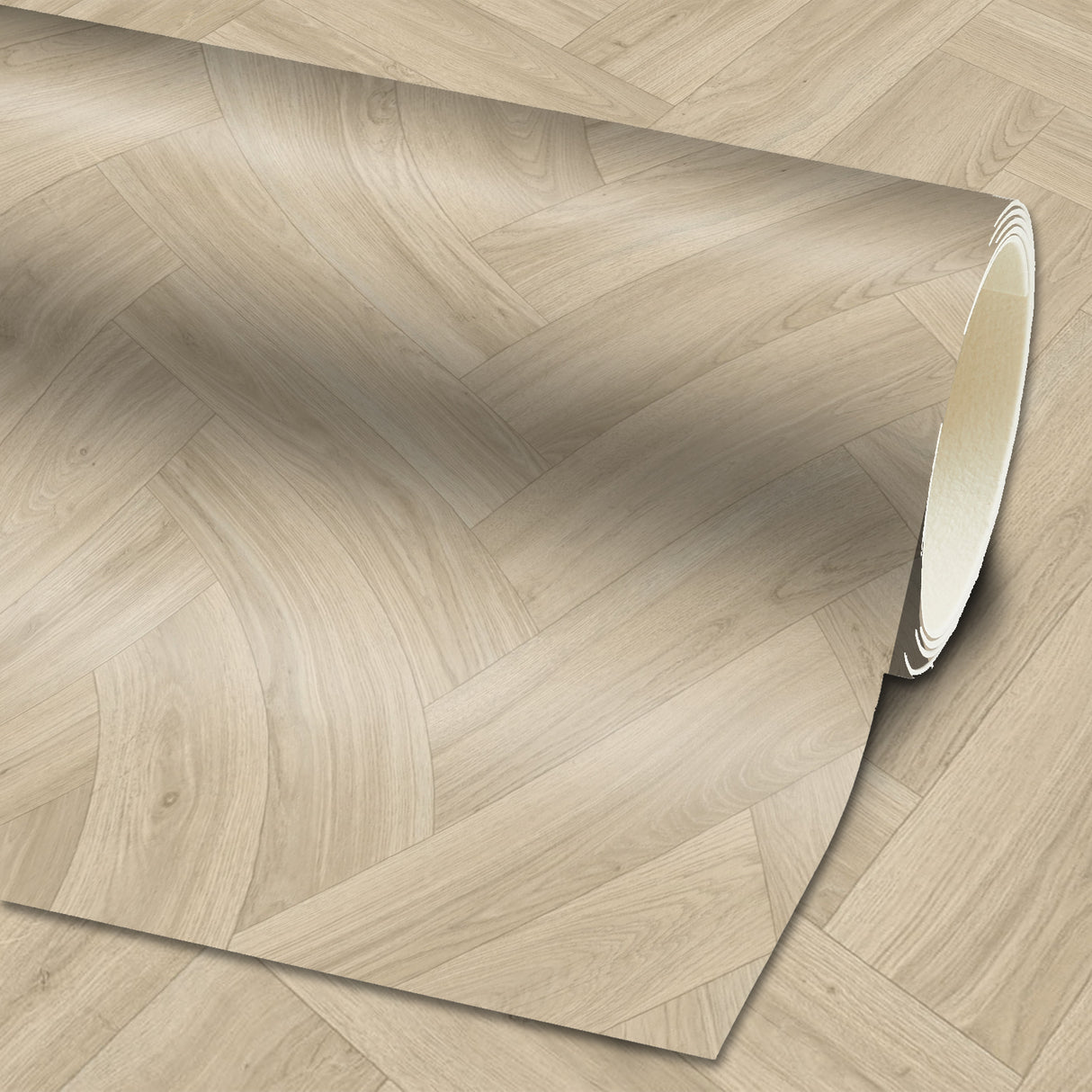 PVC-Bodenbelag FELIX Gesamtansicht Rolle Mattenlager | Fischgrät Beige